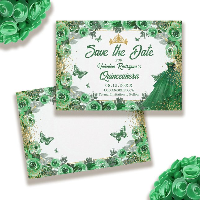 Emerald Green Gold Glitter Floral Quinceanera Save The Date (Emerald Green Gold Glitter Floral Quinceanera Save The Date)