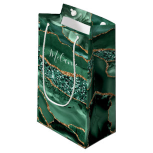 Emerald Green Gold Glitter Gift Bag Custom Name