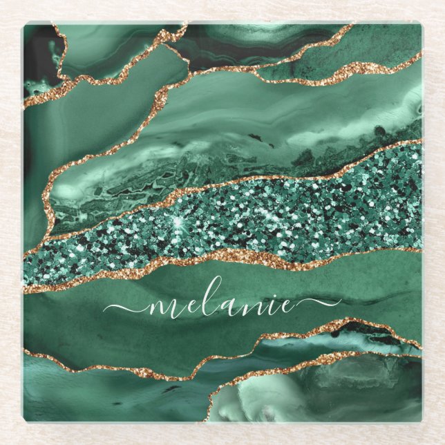 Emerald Green Gold Glitter Glass Coaster Your Name (Front)