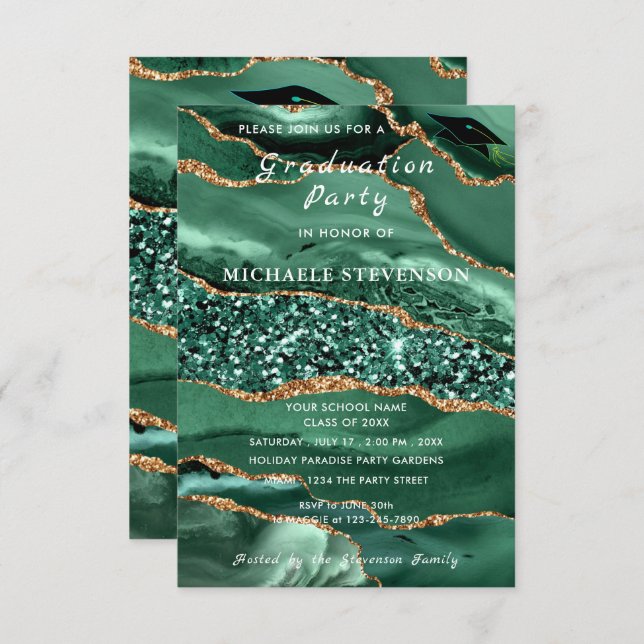 Emerald Green Gold Glitter Graduation Invitation (Front/Back)