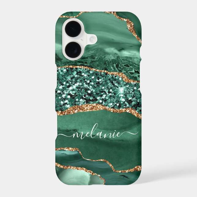 Emerald Green Gold Glitter iPhone Case Custom Name (Back)