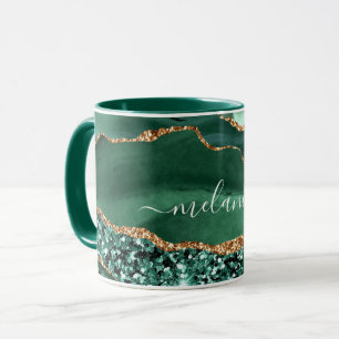  Emerald Green Gold Glitter Marble Custom Name Mug
