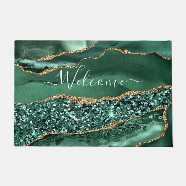 Emerald Green Gold Glitter Marble Doormat (Front)
