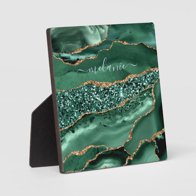 Emerald Green Gold Glitter Marble Your Name Plaque (Front)