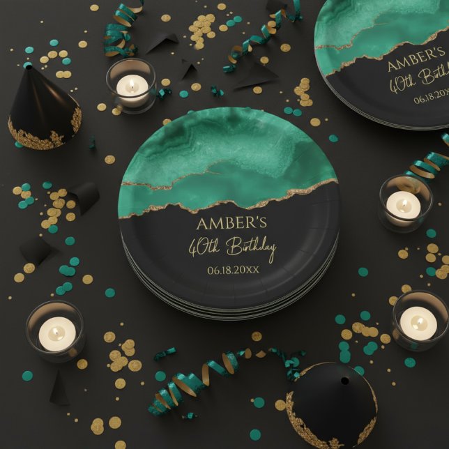 Emerald Green Gold Glitter  Watercolor Marble Paper Plate (Creator Uploaded)