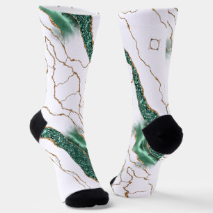 Emerald Green Gold Glitter White Socks
