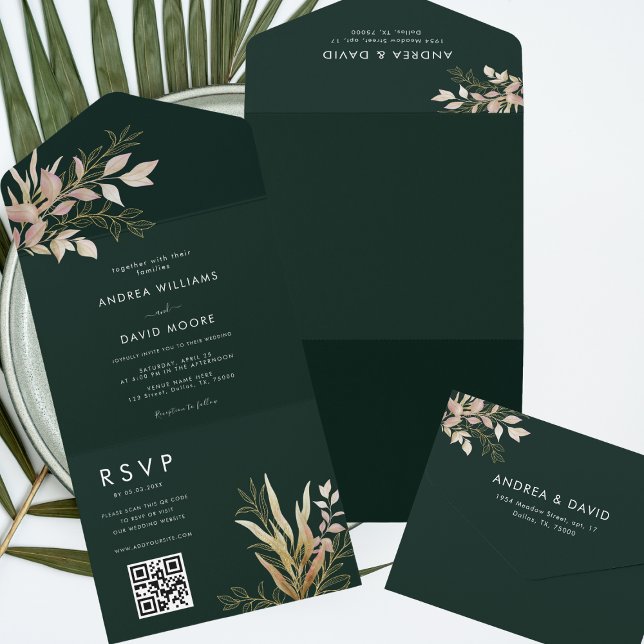 Emerald Green & Gold Greenery QR Code RSVP Wedding All In One Invitation (Creator Uploaded)