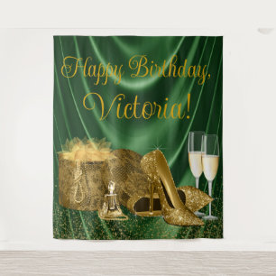 Emerald Green Gold High Heel Birthday Backdrop Tapestry