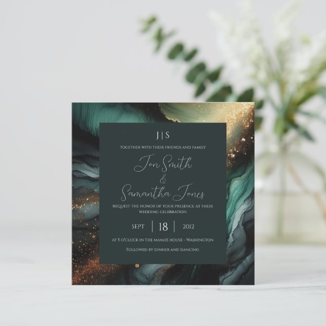 Emerald green gold invitation (Standing Front)