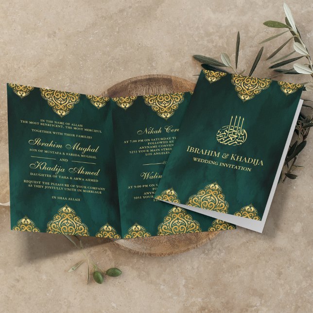 Emerald Green Gold Islamic Motif Muslim Wedding Invitation (Creator Uploaded)