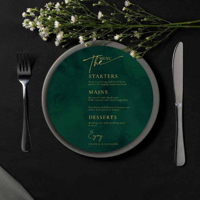 Emerald Green Gold Islamic Round Wedding Menu Card (Creator Uploaded)