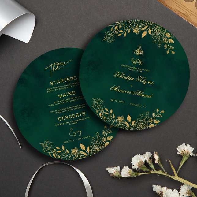 Emerald Green Gold Islamic Wedding Round Menu Card (Creator Uploaded)