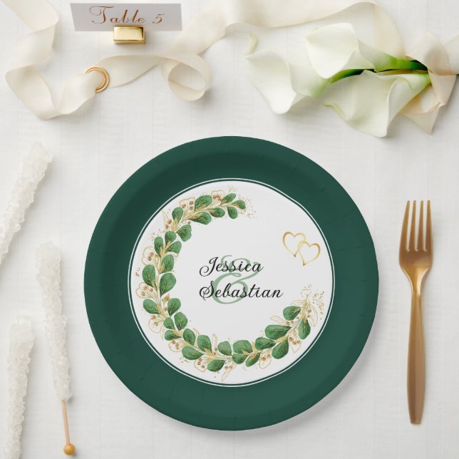 Emerald Green & Gold Jewel Tone Eucalyptus Wedding Paper Plate (Wedding)