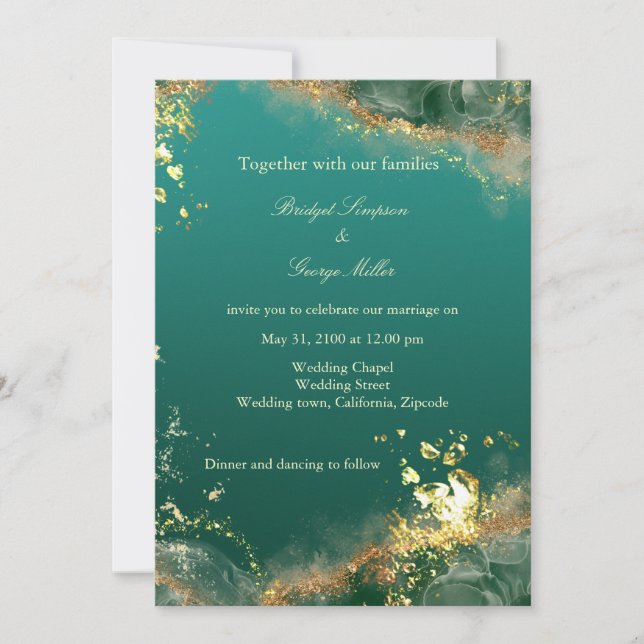 Emerald green gold jewel tones wedding invitation (Front)