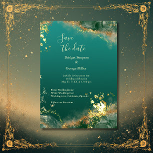Emerald green gold jewel wedding safe the date invitation