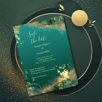 Emerald green gold jewel wedding safe the date