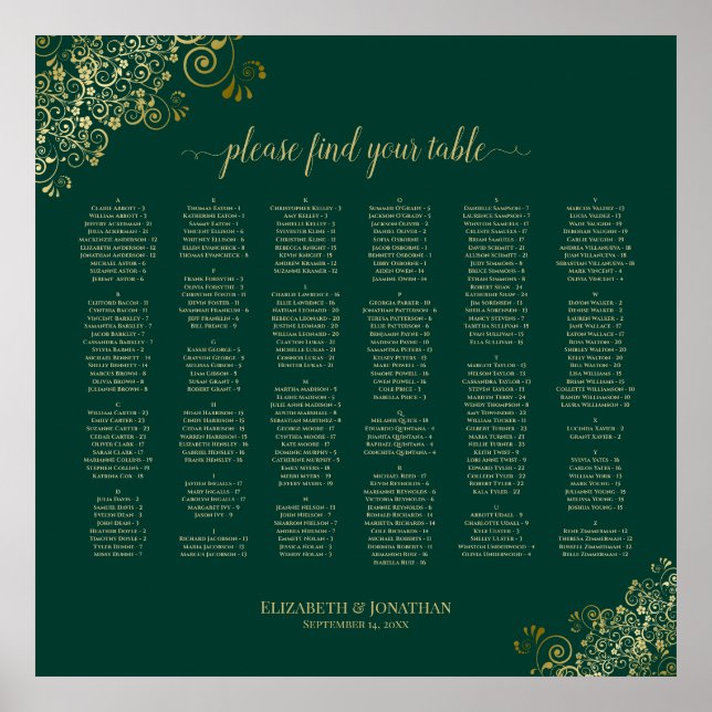 Emerald Green Gold Lace Alphabetical Seating Chart (Front)