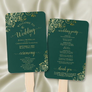 Emerald Green & Gold Lace Elegant Wedding Program Hand Fan