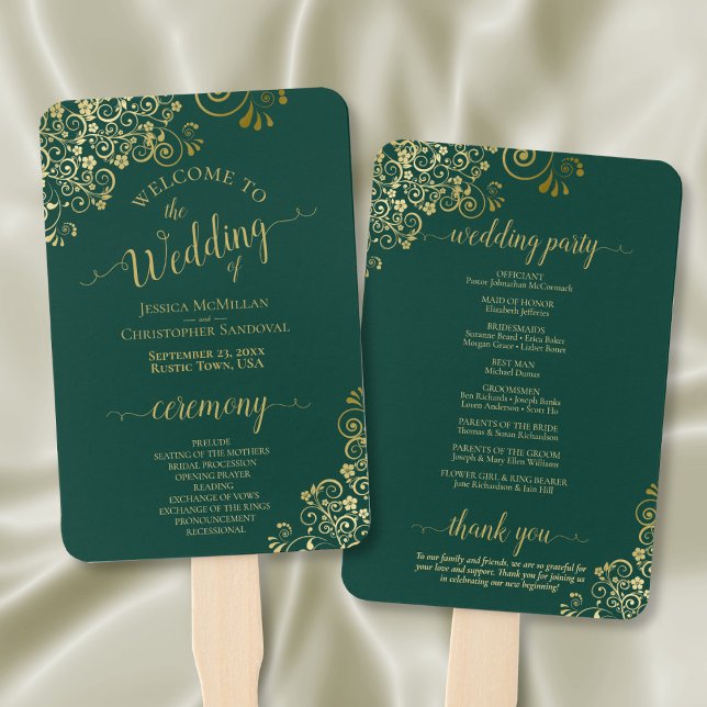 Emerald Green & Gold Lace Elegant Wedding Program Hand Fan (Front/Back)