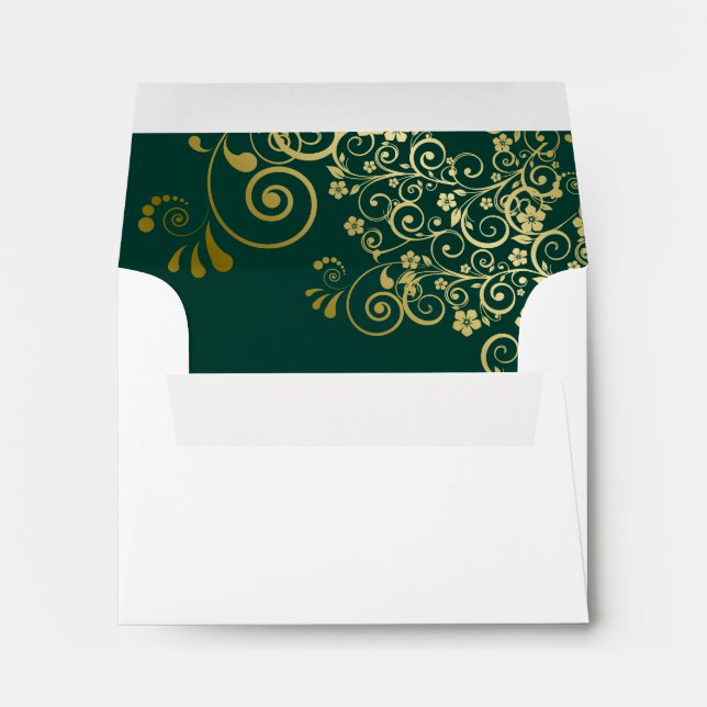 Emerald Green Gold Lace Inside White Wedding RSVP Envelope (Back (Bottom))
