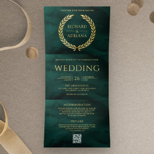 Emerald Green Gold Laurel Minimal QR Code Wedding Tri-Fold Invitation
