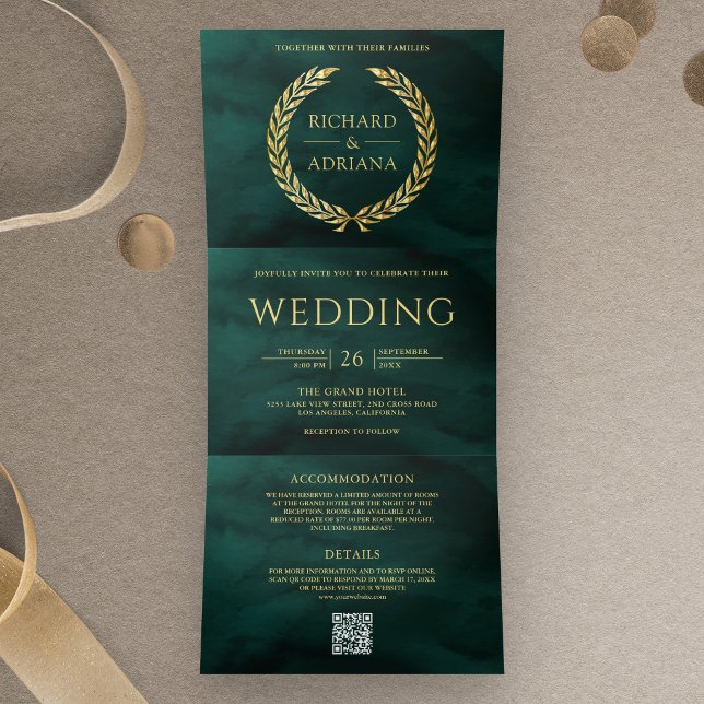 Emerald Green Gold Laurel Minimal QR Code Wedding Tri-Fold Invitation (Creator Uploaded)