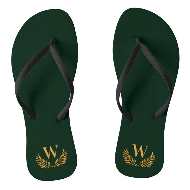 Emerald green gold laurel wreath monogram initial jandals (Footbed)