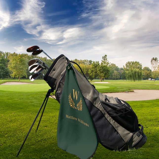 Emerald green gold laurel wreath name monogram golf towel (Creator Uploaded)