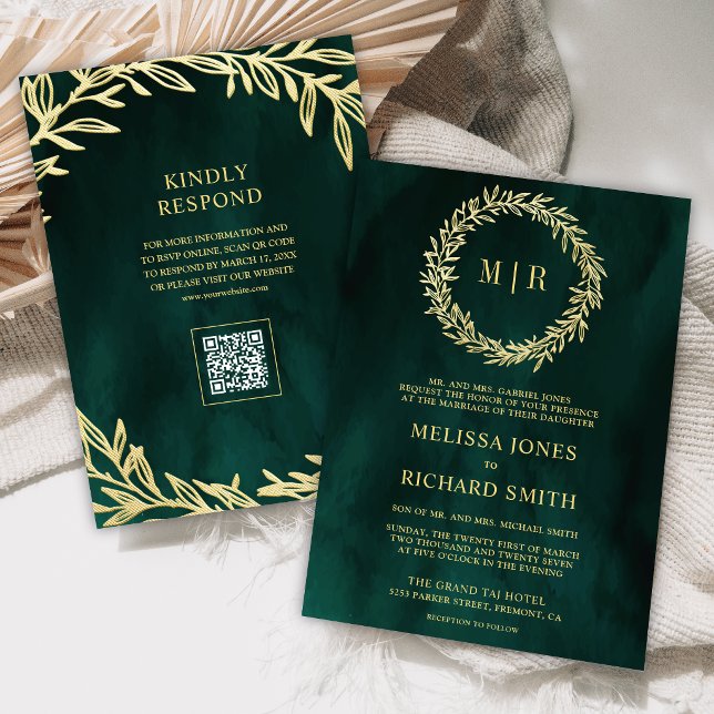 Emerald Green Gold Leaf Branch QR Code Wedding Invitation (Creator Uploaded)