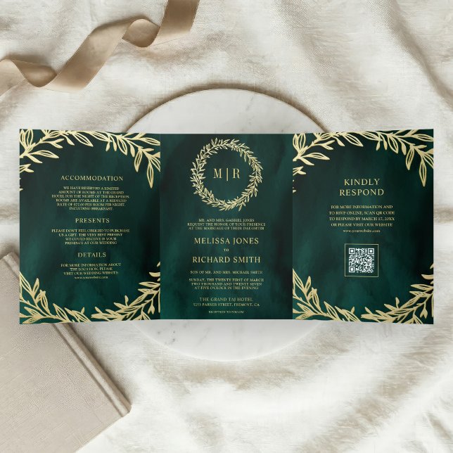 Emerald Green Gold Leaf Branch QR Code Wedding Tri-Fold Invitation (Creator Uploaded)