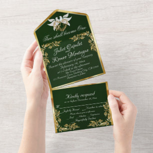 Emerald Green, Gold Leaves, Doves & Heart All In One Invitation
