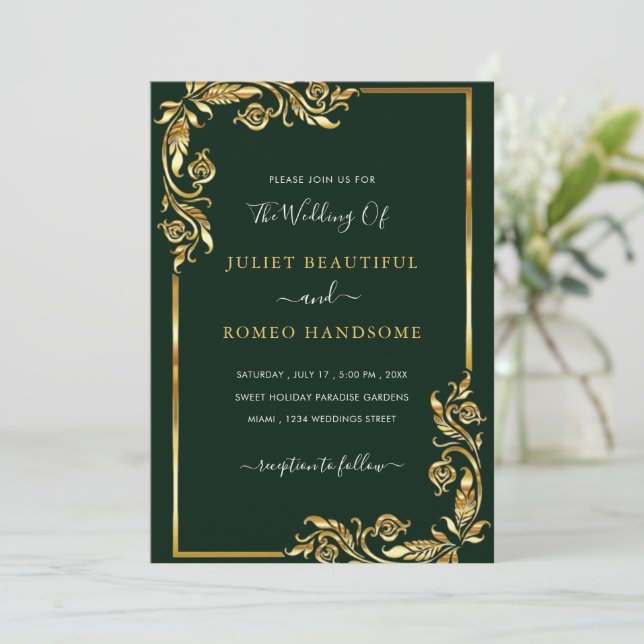 Emerald Green Gold Leaves Wedding Invitation (Standing Front)