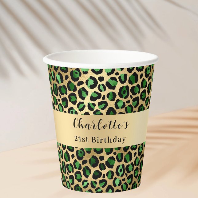 Emerald green gold leopard birthday paper cups (Creator Uploaded)