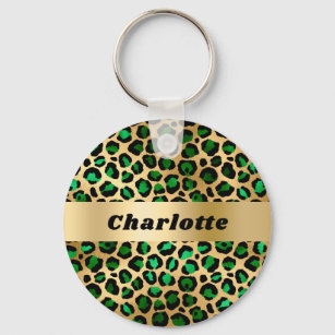Emerald green gold leopard cheetah pattern name key ring
