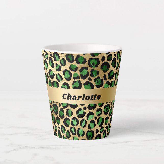 Emerald green gold leopard cheetah pattern name latte mug (Front)