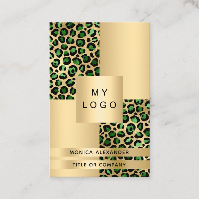 Emerald green gold leopard logo QR code Business Card (Front)