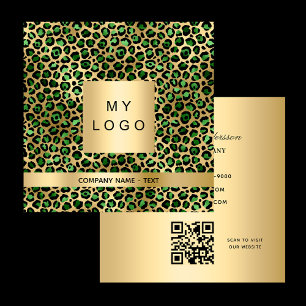 Emerald green gold leopard logo QR code Square Business Card