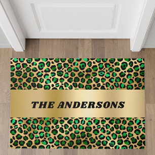 Emerald green gold leopard pattern family name doormat
