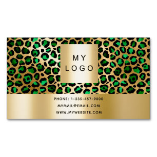 Emerald green gold leopard pattern logo magnetic business card