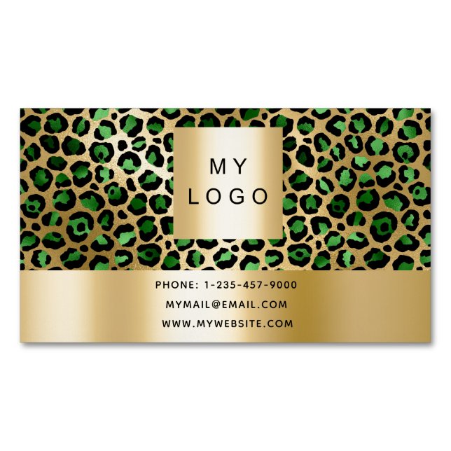 Emerald green gold leopard pattern logo magnetic business card (Front)