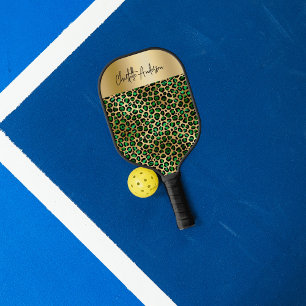 Emerald green gold leopard pattern name script pickleball paddle