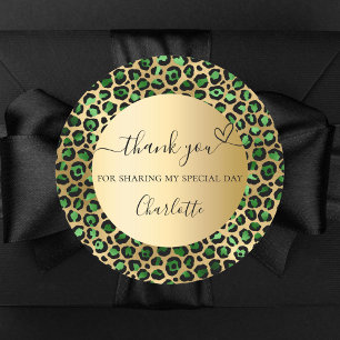 Emerald green gold leopard thank you classic round sticker