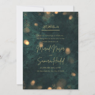 Emerald Green Gold Lights Islamic Wedding Invite