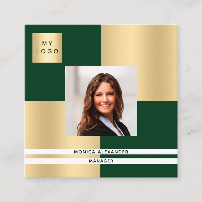 Emerald green gold logo photo QR code Square Business Card (Front)