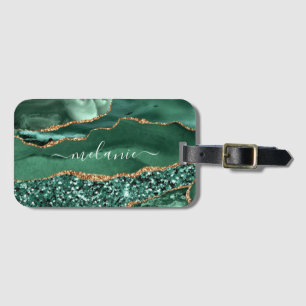 Emerald Green Gold Luggage Tag with Custom Name