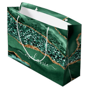Emerald Green Gold Marble Custom Name Gift Bag