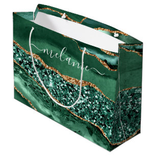 Emerald Green Gold Marble Custom Name Gift Bag