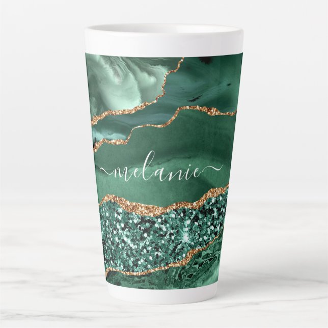 Emerald Green Gold Marble Custom Name Latte Mug (Front)