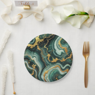 Emerald Green & Gold Marble Look Glam Wedding  Paper Plate