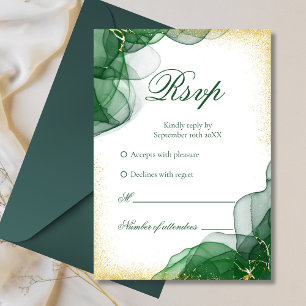 Emerald Green Gold Marble White Wedding RSVP Card